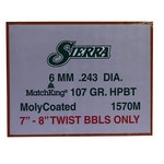Sierra Bullets 1570M 6mm/243 Caliber MatchKing, 107 Grains, Hollow Point Boat Tail Match Moly, Per 500