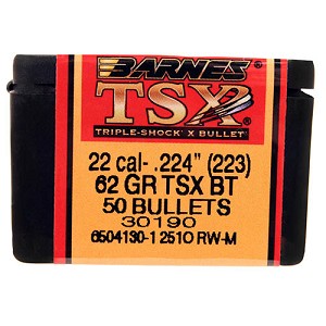 Barnes Bullets 30190 22 Caliber Bullets Triple-Shock X, 62 Grains, Hollow Point Boat Tail (HPBT) Lead-Free, Per 50