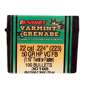 Barnes Bullets 30198 223 Caliber Bullets Varmint Grenade, 50 Grains, Hollow Point (HP) Lead-Free, Per 100