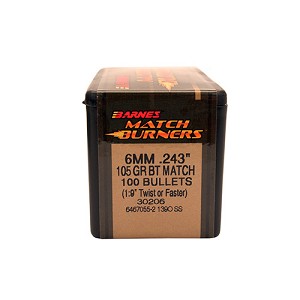 Barnes Bullets 30206 243 Caliber/6mm Bullets Match Burner, 105 Grains, Boat Tail (BT), Per 100