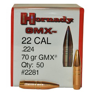 Hornady 2281 .22 Caliber (0.224" Diameter) Bullets GMX, 70 Grains, Lead Free Jacketed Hollow Point Boat Tail (JHP/BT), Per 50