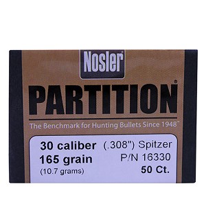 Nosler 16330 30 Caliber Bullets Partition, 165 Grains, Spitzer, Per 50