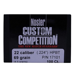 Nosler 17101 22 Caliber Bullets Custom Competition, 69 Grains, Hollow Point Boat Tail, Per 100