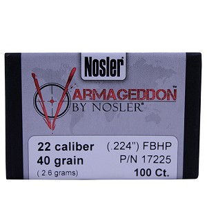 Nosler 17225 22 Caliber Bullets Varmageddon, 40 Grains, Hollow Point Flat Base, Per 100