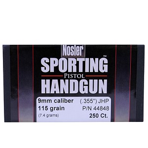 Nosler 44848 9mm Bullets Sporting Handgun, 115 Grains, Jacketed Hollow Point, Per 250