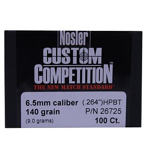 Nosler 49823 6.5mm Bullets Custom Competition, 140 Grains, Hollow Point Boat Tail, Per 250