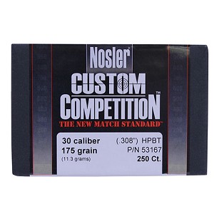 Nosler 53167 30 Caliber Bullets Custom Competition, 175 Grains, Hollow Point Boat Tail, Per 250