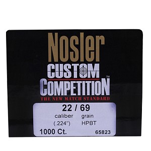Nosler 65823 22 Caliber Bullets Custom Competition, 69 Grains, Hollow Point Boat Tail, Per 1000