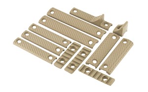 Knights Armament Company URX 3/3.1 12 Piece Rail Panel Kit, Flat Dark Earth Finish, 1 1-Hole Handstop, 3 2-Hole Panels, 2 2-Hole Panels, 2 3-Hole Panels, 1 2-Hole handstop, 32-Hole Picatinny Rail Sections, 10 Screws, 5 Backing Nuts 30409-FDE