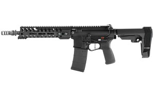 Patriot Ordnance Factory Renegade Plus, Semi-automatic Pistol, 300 Blackout, 10.5" Puritan Barrel, 1:7 Twist, Black Finish, SB Tactical SBA3 Brace, 30Rd, 1 Magazine, MLOK Renegade Rail, Triple Port Muzzle Brake, POF-USA 3.5lb Drop-in FLAT Trigger, Ambidex