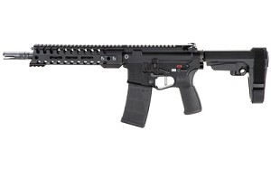 Patriot Ordnance Factory Renegade Plus, Semi-automatic Pistol, 223 Rem/556NATO, 10.5" Puritan Barrel, 1:8 Twist, Black Finish, SB Tactical SBA3 Brace, 30Rd, 1 Magazine, MLOK Renegade Rail, Triple Port Muzzle Brake, POF-USA 3.5lb Drop-in FLAT Trigger, Ambi