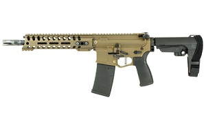 Patriot Ordnance Factory Renegade Plus, Semi-automatic AR Pistol, 223 Rem/556NATO, 10.5" Puritan Barrel, 1:8 Twist, Burnt Bronze Finish, SB Tactical SBA3 Brace, 30Rd, MLOK Renegade Rail, Triple Port Muzzle Brake, POF-USA 3.5 lb Drop-In FLAT Trigger, Ambid